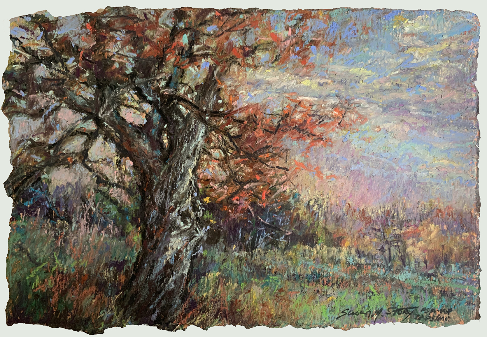 Painting of a tree, pastel on paper